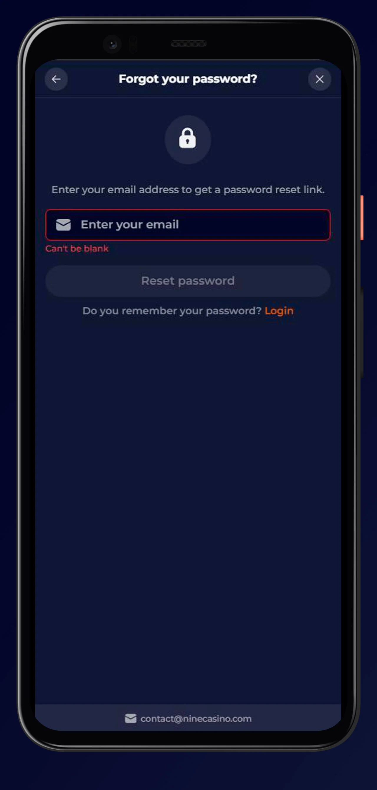 reset password in app ninecasino